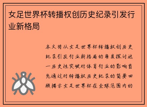 女足世界杯转播权创历史纪录引发行业新格局